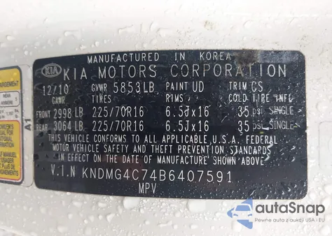 2011 Kia Sedona Lx from USA, damaged, VIN KNDMG4C74B6407591